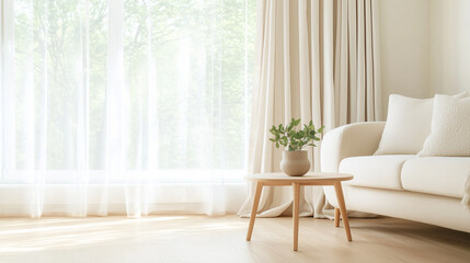 A stylish living room with floor-length curtains framing the window, complementing the furniture and decor, showcasing the perfect blend of privacy and aesthetics in home design. p