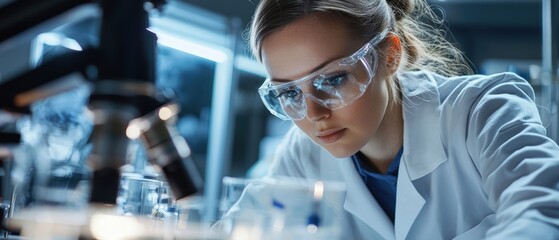 A focused data scientist conducting research in a laboratory setting. With protective gear and a microscope, she exemplifies the dedication to scientific inquiry and innovation.