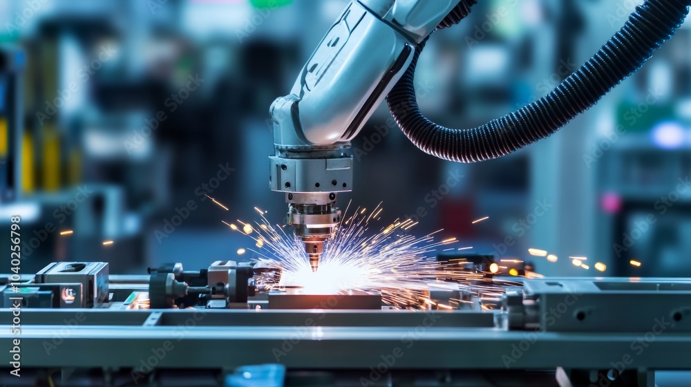 Aufkleber A robot performing precision welding on a high-tech assembly line with various components, clean and sophisticated industrial workshop, Modern style