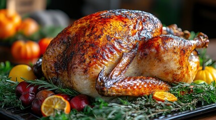 Naklejka premium A beautifully roasted turkey garnished with fresh herbs and surrounded by vibrant fruits, perfect for festive holiday celebrations and family gatherings