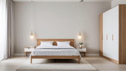 A minimalist bedroom with a wooden bed, white bedding, pendant lights, side tables, and a wardrobe. Neutral tones enhance calmness and simplicity.