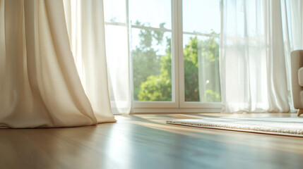 A detailed image of a modern living room with curtains draped over large windows, highlighting the interplay of light and fabric texture, adding sophistication to the interior. pho