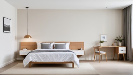Fototapeta premium Minimalist bedroom features a cozy bed with white linens, a wooden headboard, pendant light, desk with chair, and decor. Soft lighting creates calm.