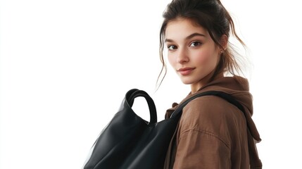 A woman wearing a brown jacket holds a black bag, perfect for travel or daily use