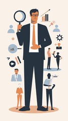 HR manager standing on human resource pictograms. Recruiter holding magnifying glass and job seeker icon , Best Job Candidate