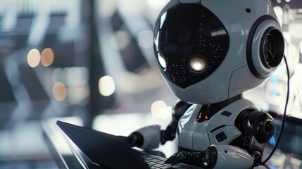 A robot working on a laptop, perfect for technology and innovation concepts