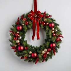 Christmas wreath with red berries and golden balls on a white wall