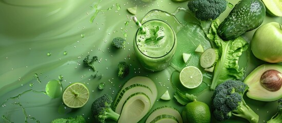 Enhance your content with this nutritious smoothie surrounded by avocado lime broccoli apple and cucumber perfect for health and wellness videos with copy space image