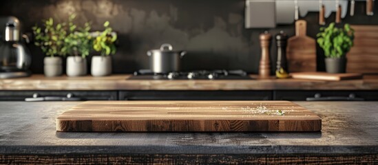 Wooden cutting board on a kitchen table with copy space image for culinary presentation