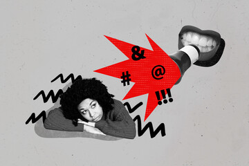 Creative poster collage of sad young female bullying aggression mouth angry unusual fantasy...