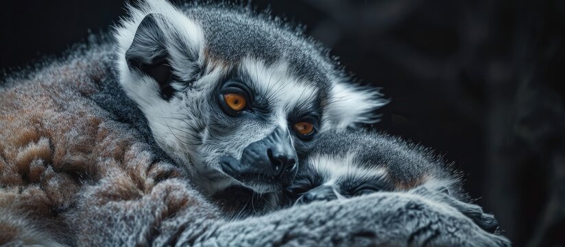 Ring tailed lemurs are snuggling closely for warmth depicted in a captivating copy space image - Powered by Adobe