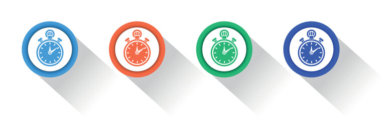 Clock, watch, stopwatch vector icon set, colorful round buttons. eps