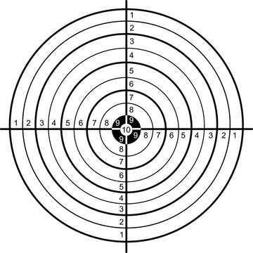 Blank gun target with numbers and concentric circles for training of shooting weapons. Illustration made October 21st, 2024, Zurich, Switzerland.