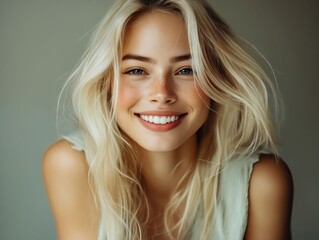 Fototapeta premium A woman with long blonde hair smiling at the camera