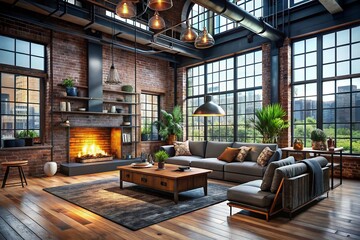 Spacious Industrial Style Dark Living Room Loft with Large Windows and Fireplace