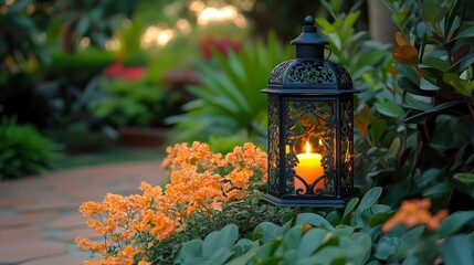 Decorative lantern glowing amidst vibrant flowers in a serene garden setting