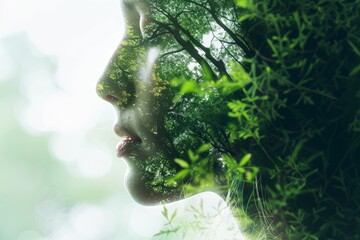 womans double exposure blended with a sunlit forest, emphasizing harmony with nature for eco conscious or wellness campaigns, promoting inner peace and mindfulness.