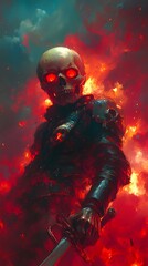 Naklejka premium Fiery Skeleton Warrior with Glowing Eyes and Sword