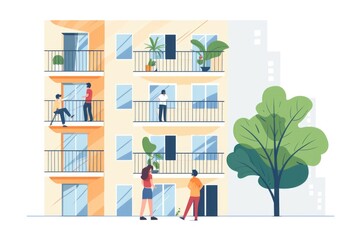 A group of people standing on balconies in front of a building, perfect for architectural or urban planning images