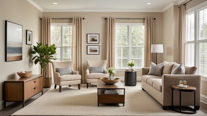 A cozy living room with a beige sofa, armchair, and wooden coffee table. Large windows allow ample light