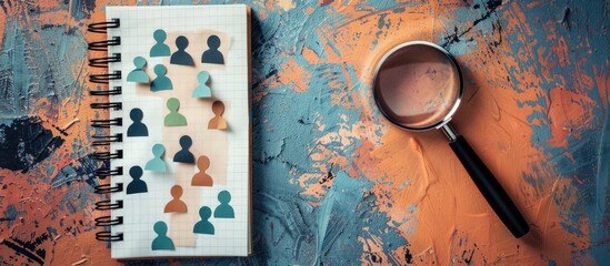 Magnified words for a referral program on a business notebook symbolically representing with copy space image against a wall