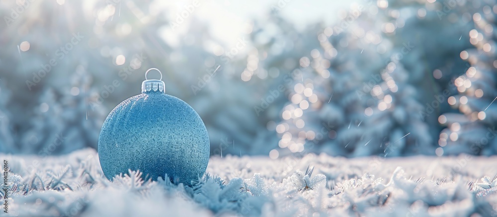 Canvas Prints light blue christmas ornament in front of a snowy forest designed for a banner with copy space image