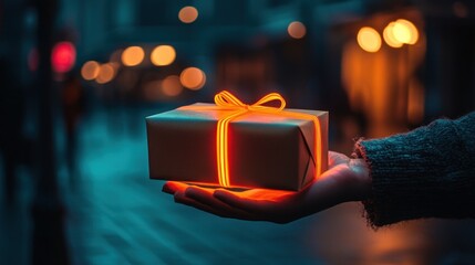 Glowing gift box in hand on urban street night.