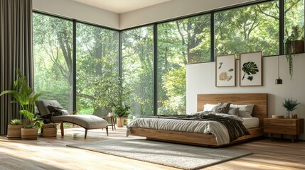 Fototapeta premium A bedroom with a large bed, a chair, and a plant