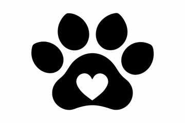 Heart and pet paw icon, Paw print with heart black silhouette vector