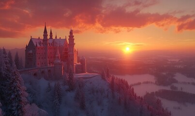 Obraz premium Fairytale Castle in Winter Sunset Landscape