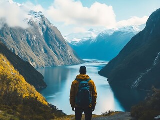 A man with a backpack standing on the edge of a mountain overlooking a lake
