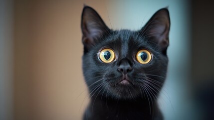 Fototapeta premium A close-up view of a black cat's face, highlighting its bright yellow eyes