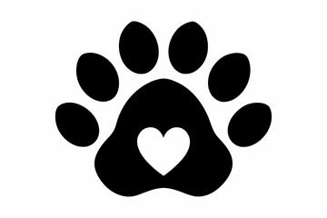 Fototapeta premium Heart and pet paw icon, Paw print with heart black silhouette vector