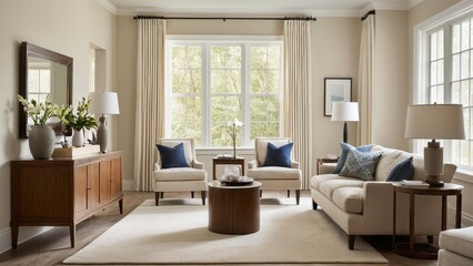 Fototapeta premium A cozy living room with a beige sofa, armchair, and wooden coffee table. Large windows allow ample light