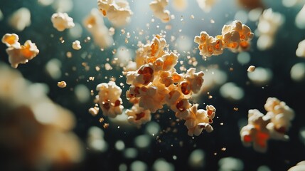 A falling popcorn flake is levitated in the air, a snack for relaxing.