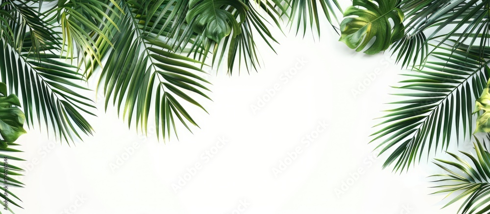 Poster palm branches in green as a top border on a white backdrop with room for copy space image