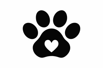 Heart and pet paw icon, Paw print with heart black silhouette vector