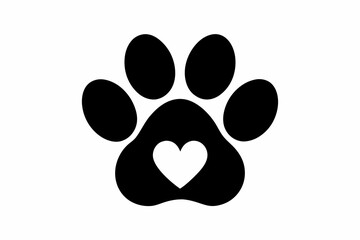 Heart and pet paw icon, Paw print with heart black silhouette vector