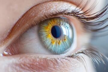 A close-up of an eye with rainbow-colored irises