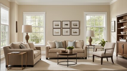 A cozy living room with a beige sofa, armchair, and wooden coffee table. Large windows allow ample light