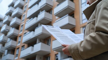 Property insurance agent inspecting a building, with documents in hand