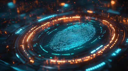 Fototapeta premium Software analyzing a fingerprint with digital data points and algorithmic lines, holographic interface with glowing biometric details, dark futuristic background, neon blue and green lighting,