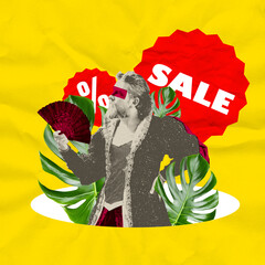Vintage-style man with fan standing against bright yellow backdrop with red sale signs. Contemporary art collage. Concept of Black Friday, Cyber Monday, sales, shopping, comparison of eras