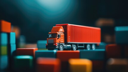 Macro shot of a toy truck on blocks, symbolizing logistics and transportation services