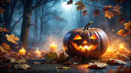Spooky Jack-o'-lantern with Glowing Eyes - Eerie Night Photography for Halloween Decor