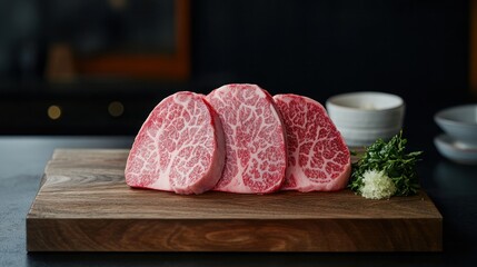 Raw Wagyu beef on a butcher block, showcasing the marbling of premium meat