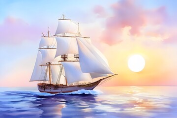 Fototapeta premium A watercolor painting of an ancient sailing ship on the sea with billowing white sails and a large sun in the background