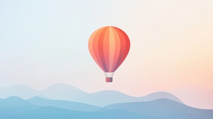 Fototapeta premium A vibrant hot air balloon rises softly above tranquil pastel-hued mountains during the early morning light. Generative AI