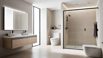 Modern bathroom with glass shower, dual sinks, large mirror, and minimalist decor. Neutral tones and natural light create a serene atmosphere.
