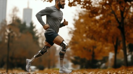 Man with prosthetic legs jogging in a park surrounded by autumn leaves. A man jogs through a park, showcasing the functionality of his modern prosthetic legs.